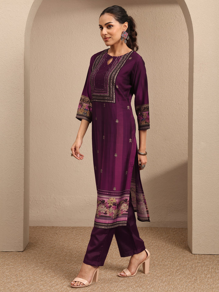 Burgundy Printed Silk Blend Straight Suit Set With Dupatta