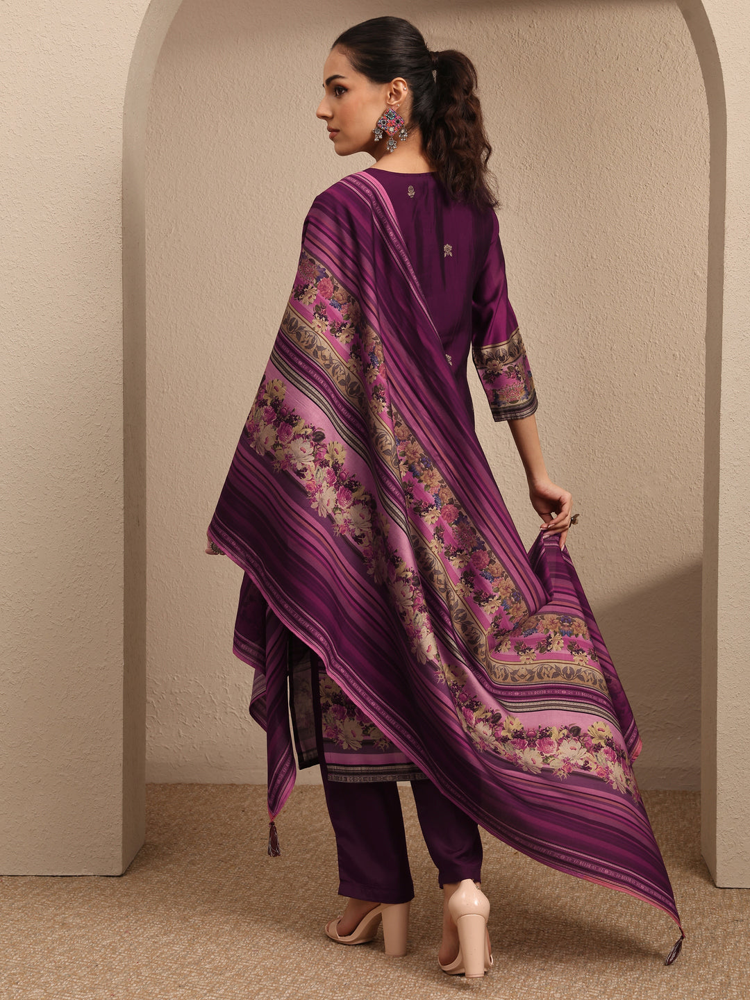 Burgundy Printed Silk Blend Straight Suit Set With Dupatta