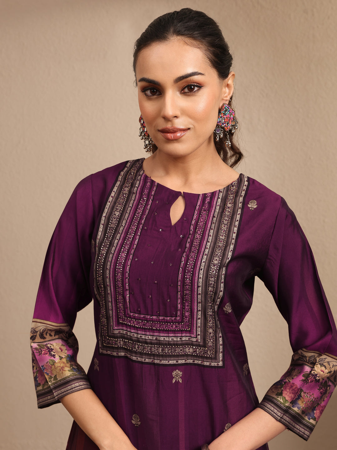 Burgundy Printed Silk Blend Straight Suit Set With Dupatta