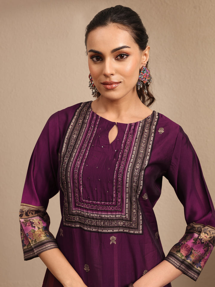 Burgundy Printed Silk Blend Straight Suit Set With Dupatta