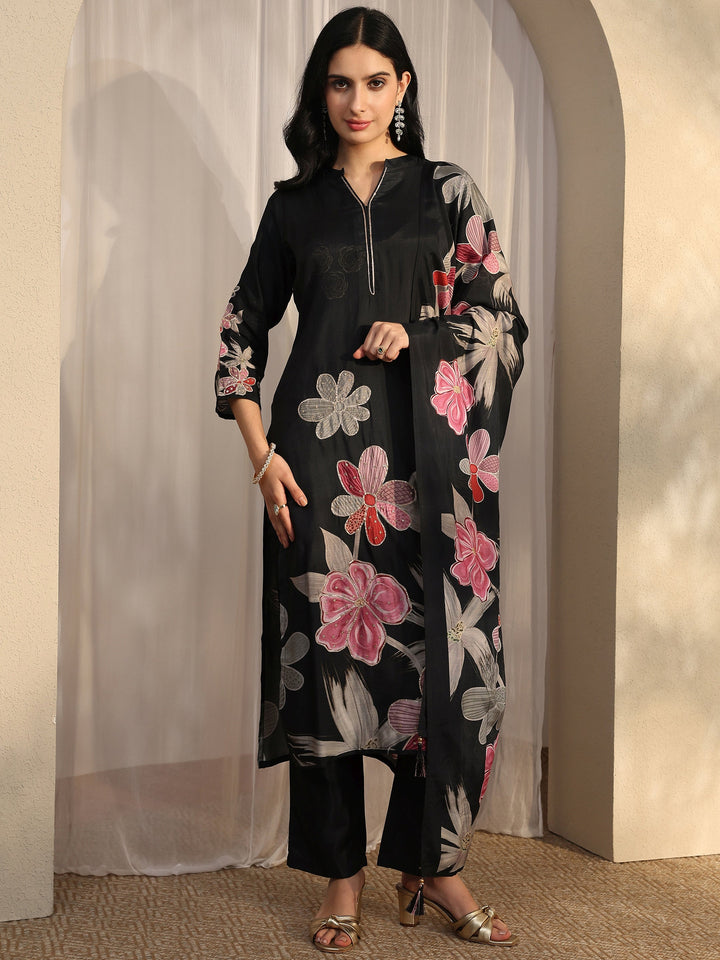 Black Printed Silk blend Straight Suit Set With Dupatta