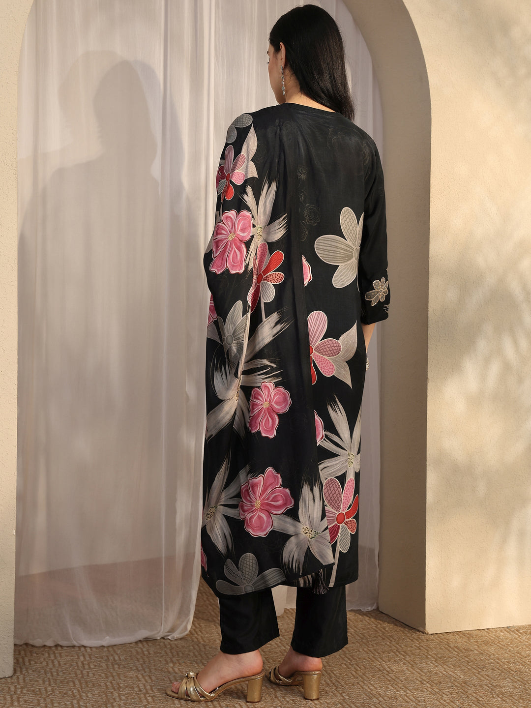 Black Printed Silk blend Straight Suit Set With Dupatta