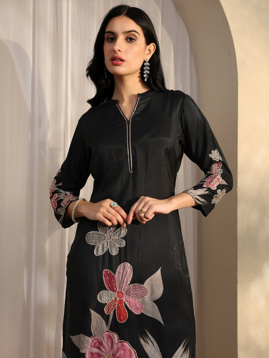 Black Printed Silk blend Straight Suit Set With Dupatta