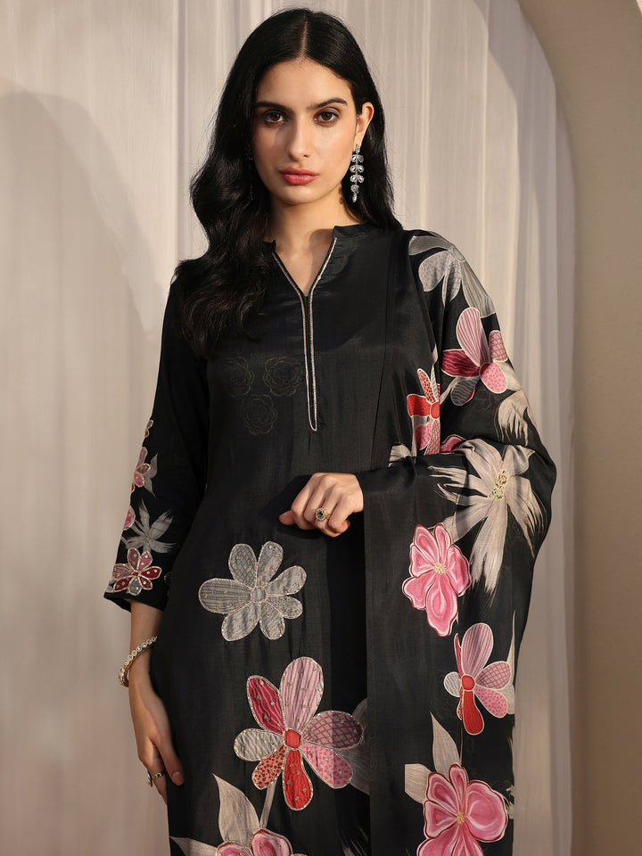 Black Printed Silk blend Straight Suit Set With Dupatta