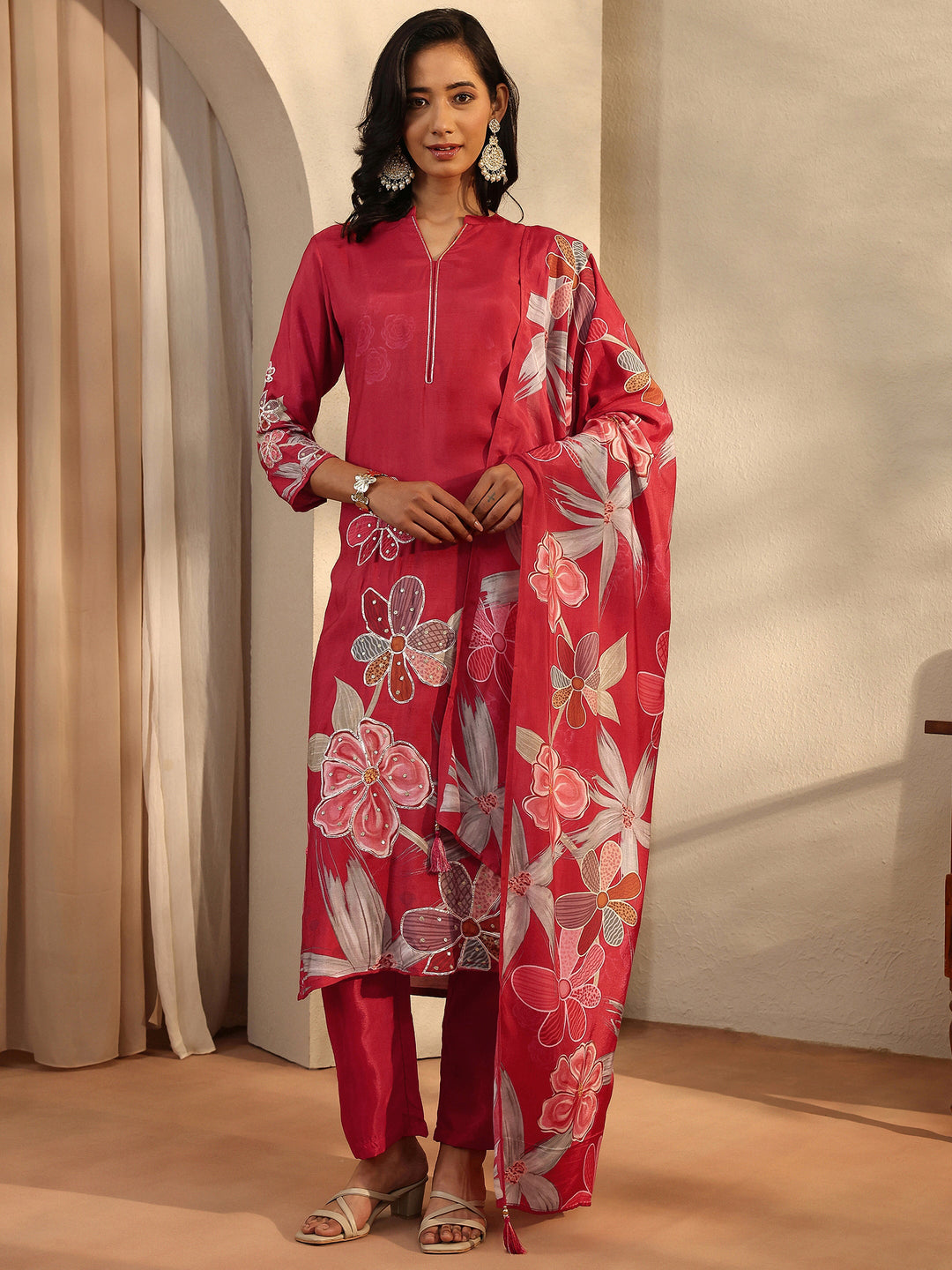Red Printed Silk Blend Straight Suit Set With Dupatta