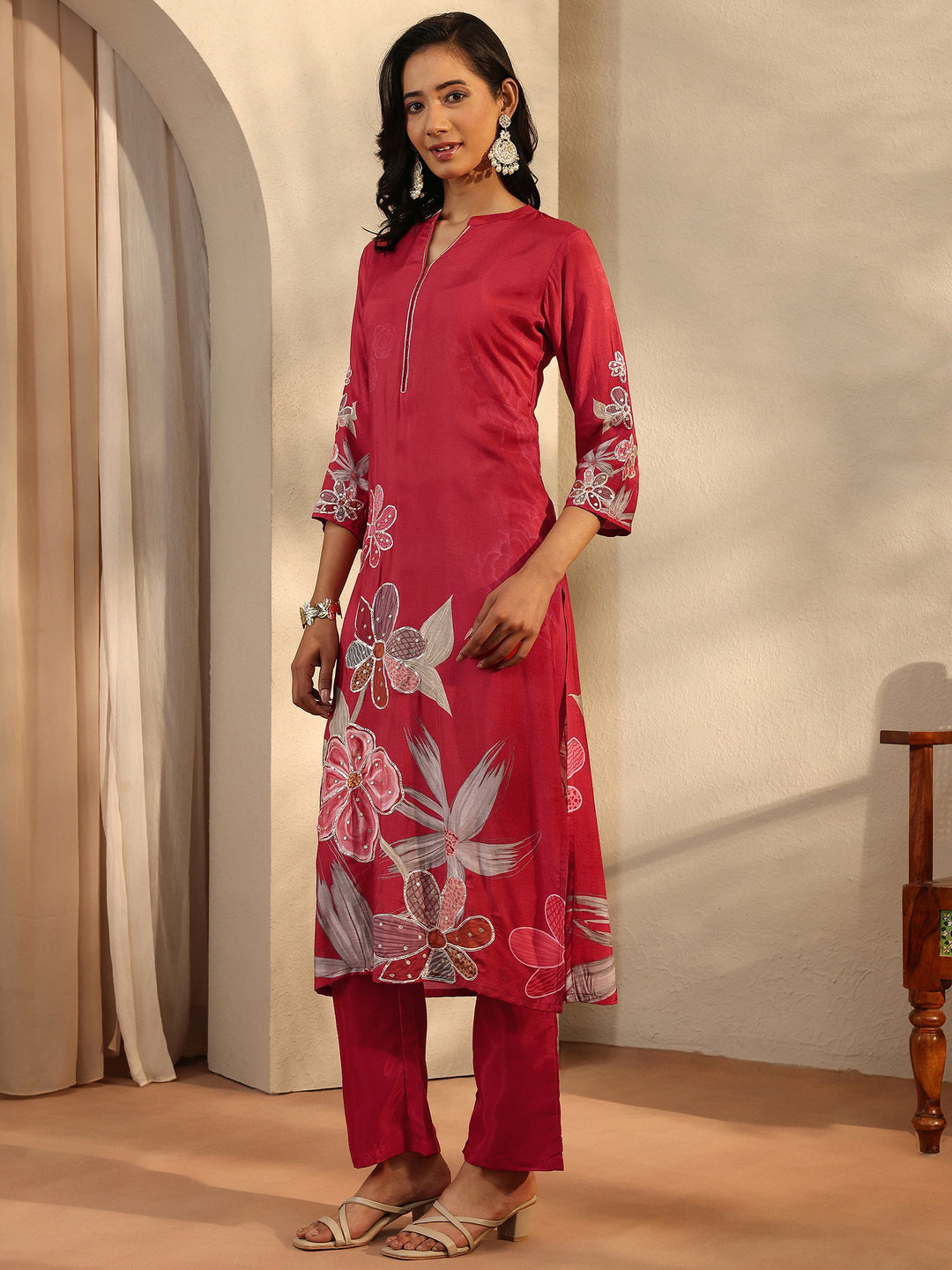 Red Printed Silk Blend Straight Suit Set With Dupatta