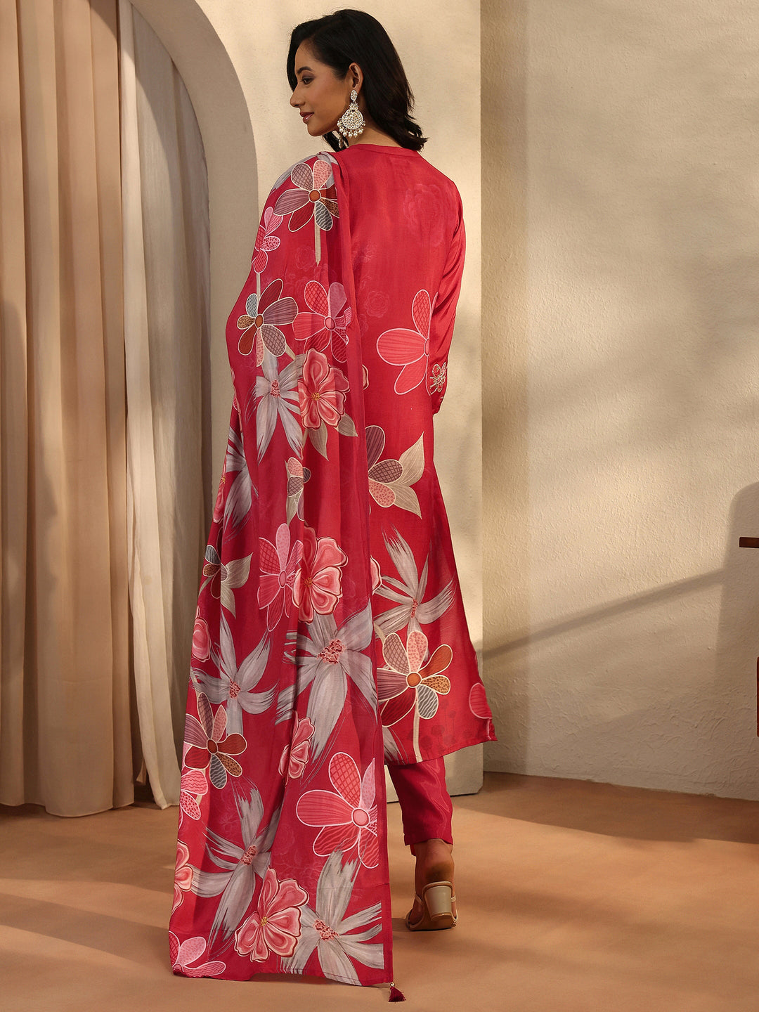 Red Printed Silk Blend Straight Suit Set With Dupatta