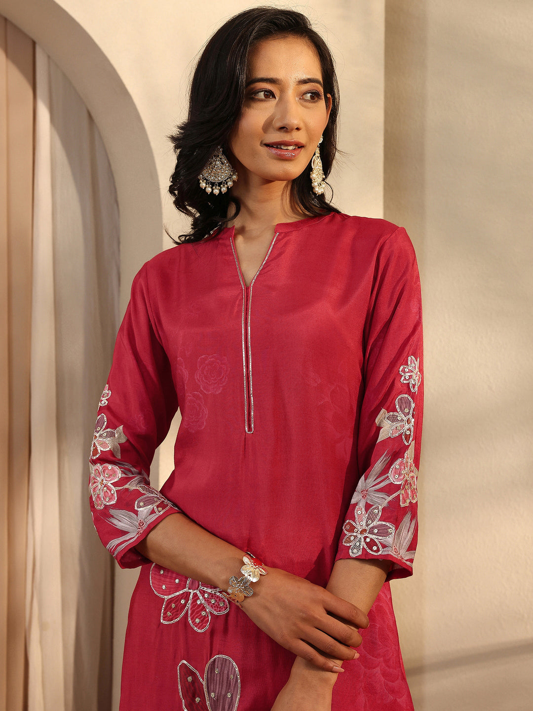 Red Printed Silk Blend Straight Suit Set With Dupatta