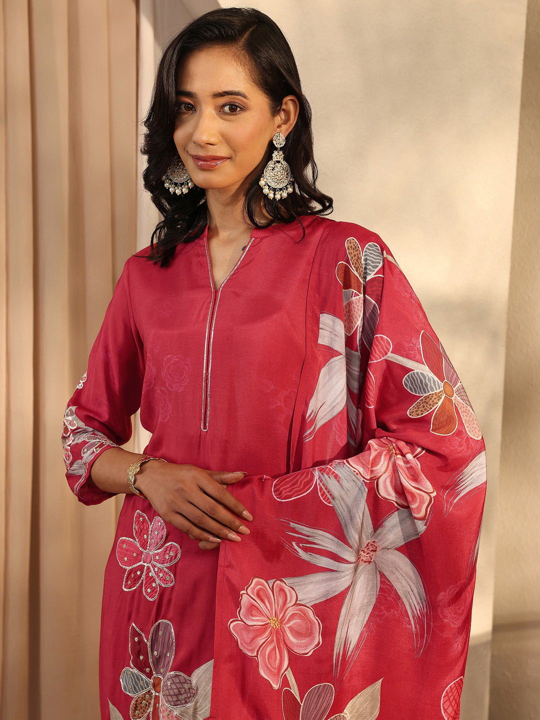 Red Printed Silk Blend Straight Suit Set With Dupatta