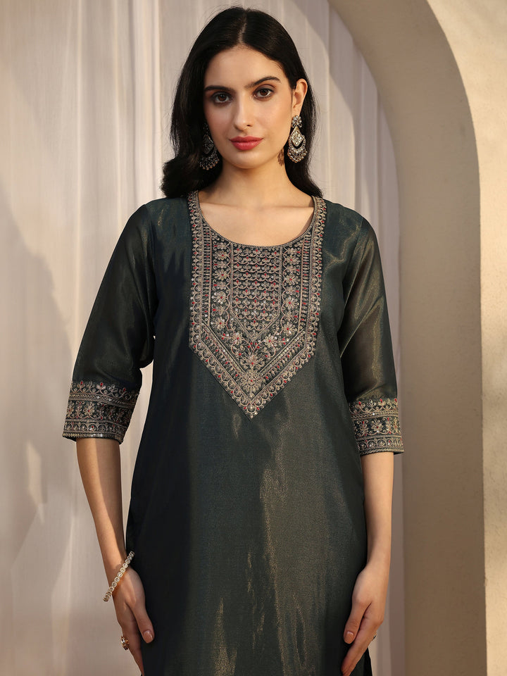 Blue Yoke Design Silk Blend Straight Suit Set With Dupatta