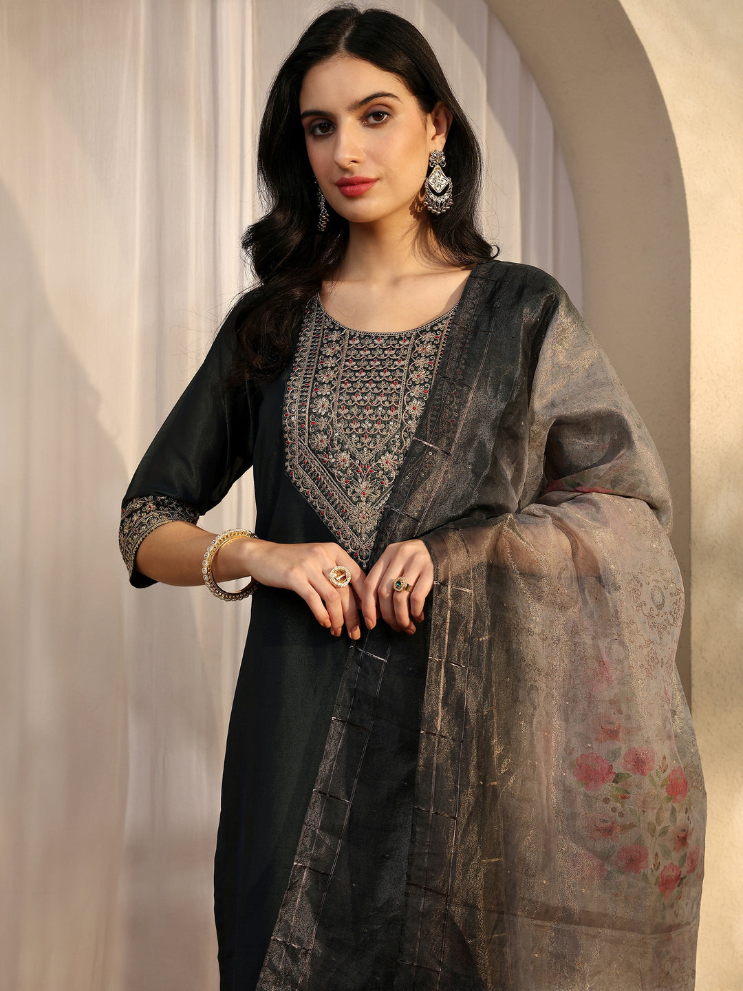 Blue Yoke Design Silk Blend Straight Suit Set With Dupatta