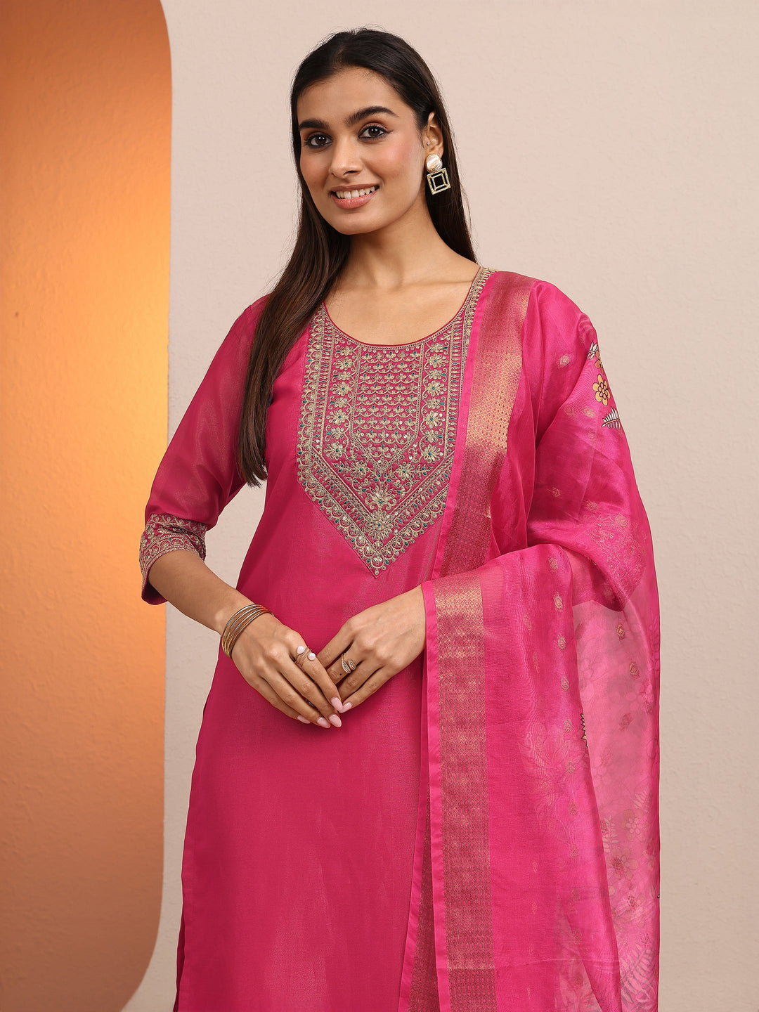 Pink Embroidered Silk blend Straight Suit Set With Dupatta