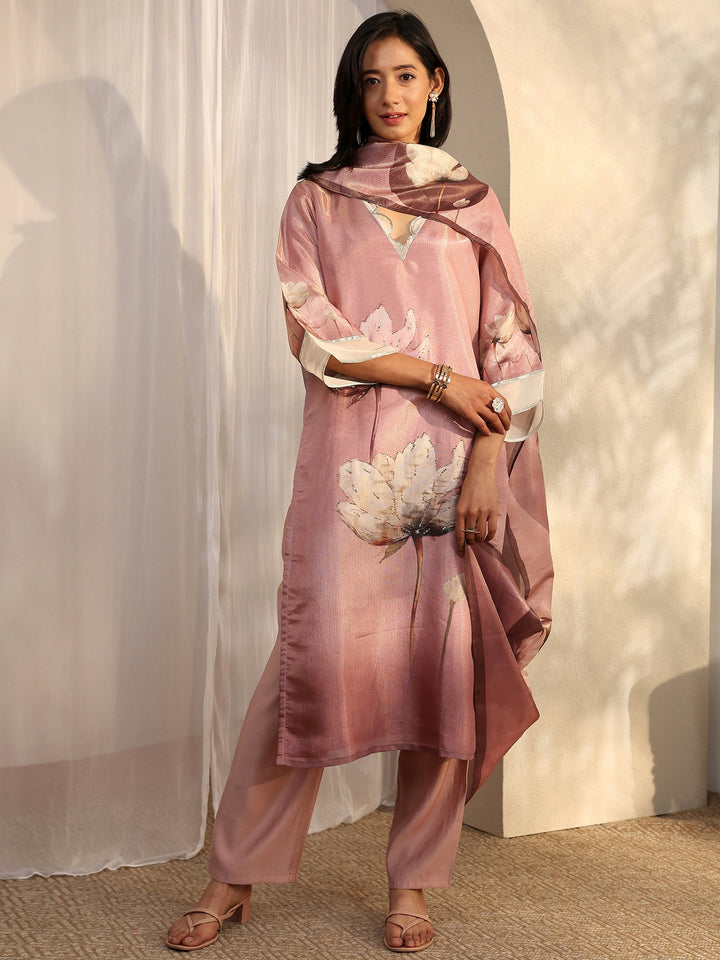 Pink Printed Silk Blend Straight Suit Set With Dupatta