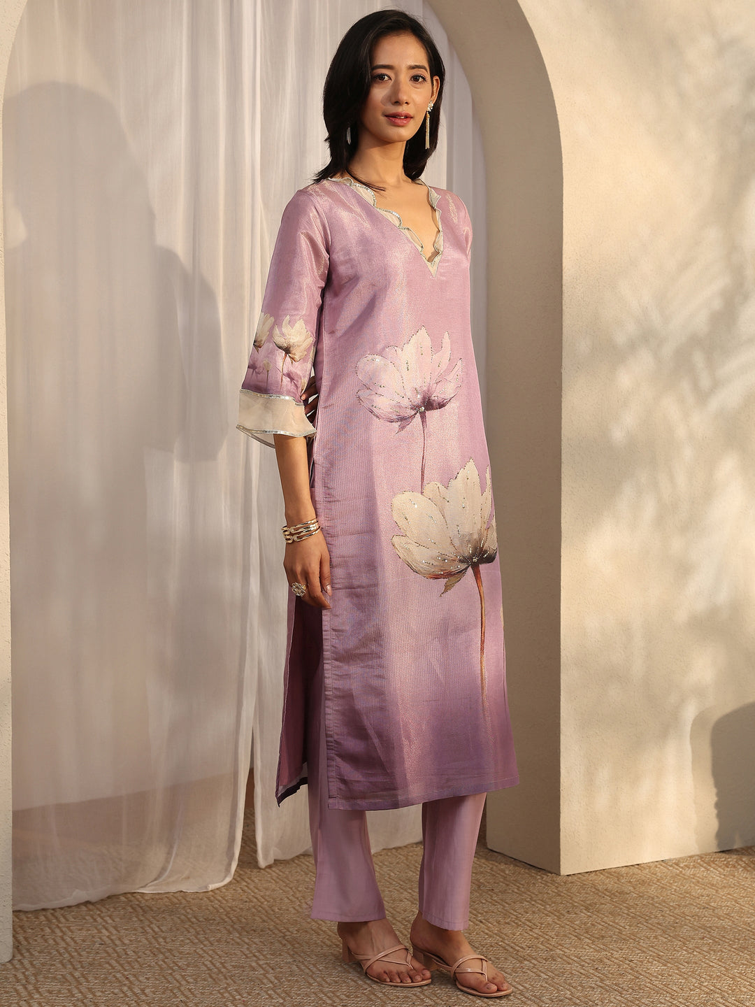Lavender Printed Silk Blend Straight Suit Set With Dupatta