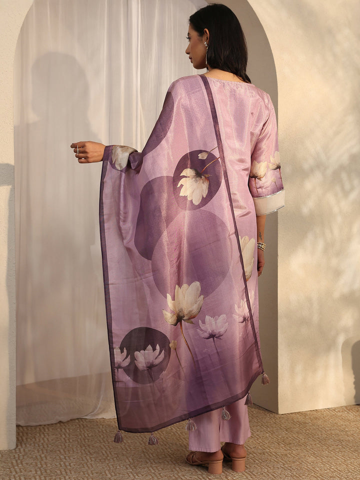 Lavender Printed Silk Blend Straight Suit Set With Dupatta