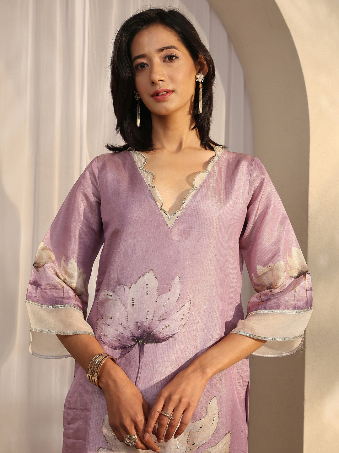 Lavender Printed Silk Blend Straight Suit Set With Dupatta