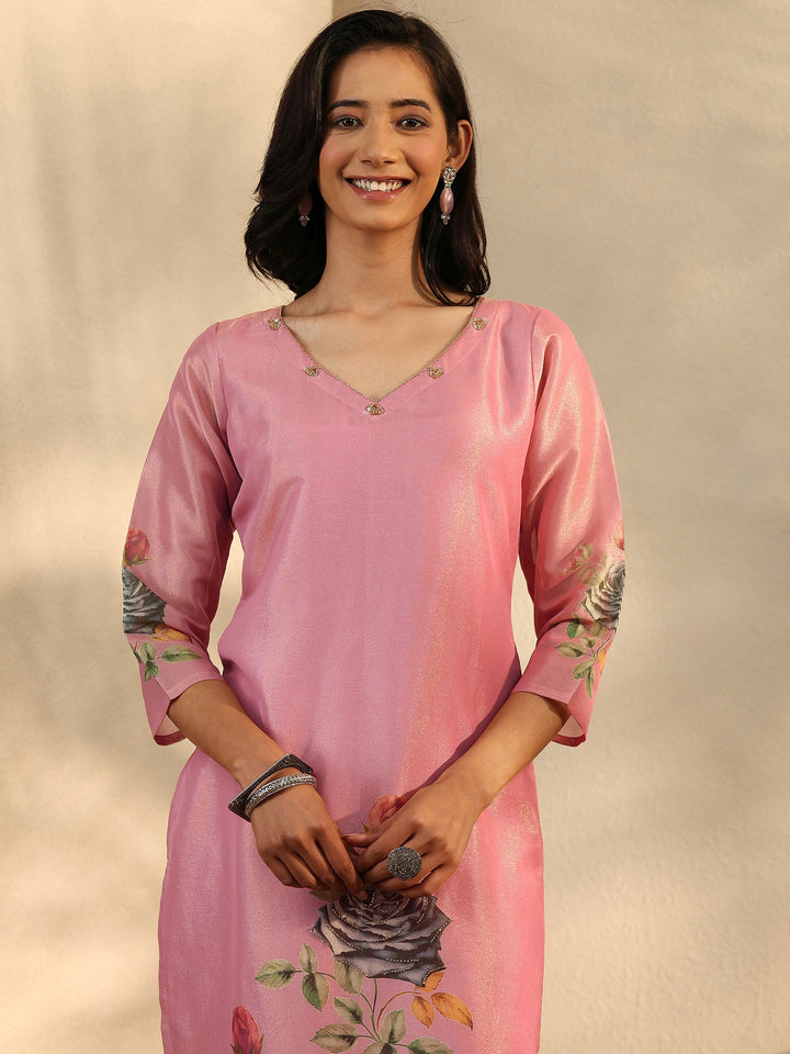 Pink Printed Silk Blend Straight Suit Set With Dupatta