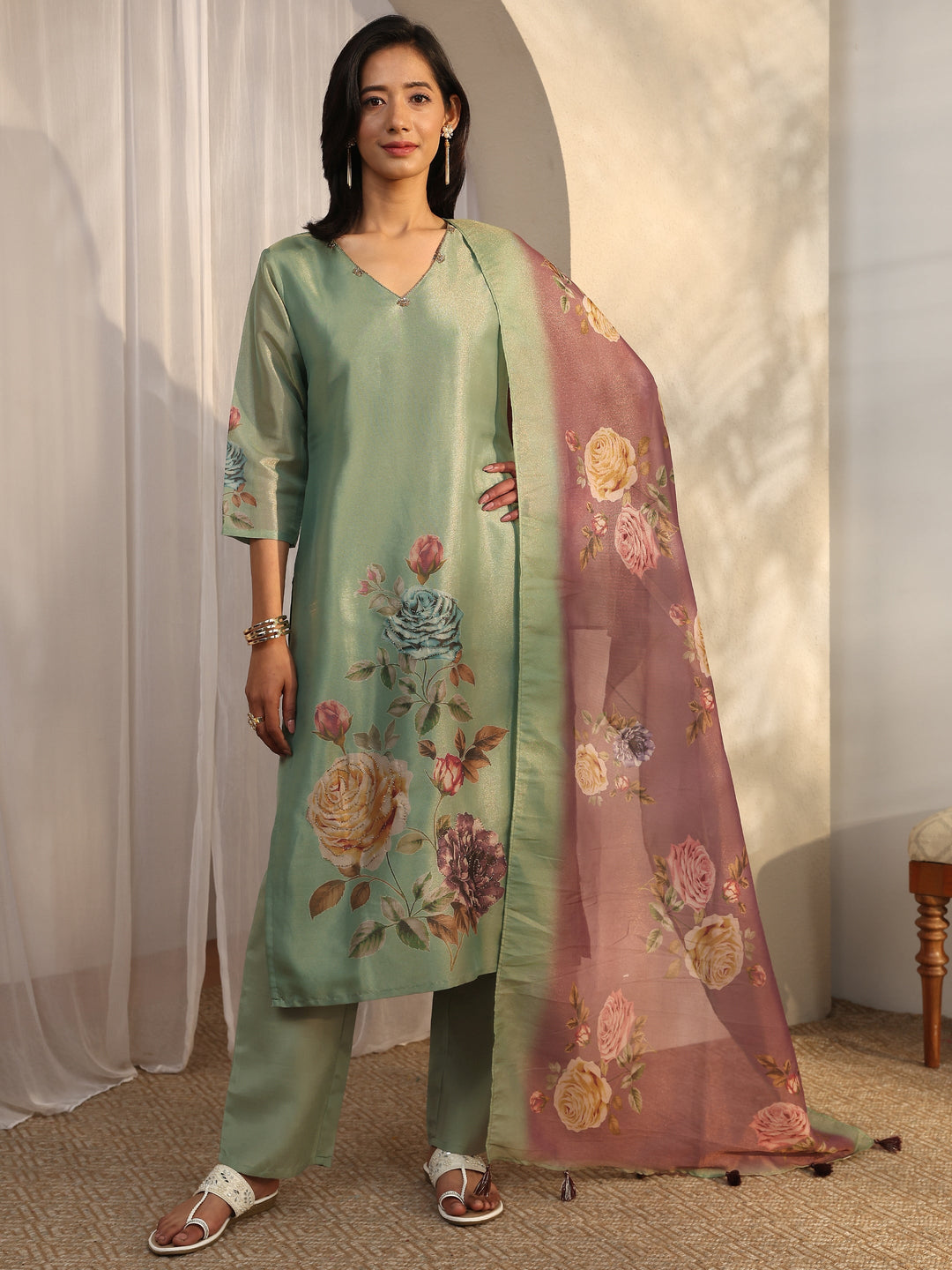 Green Printed Silk Blend Straight Suit Set With Dupatta