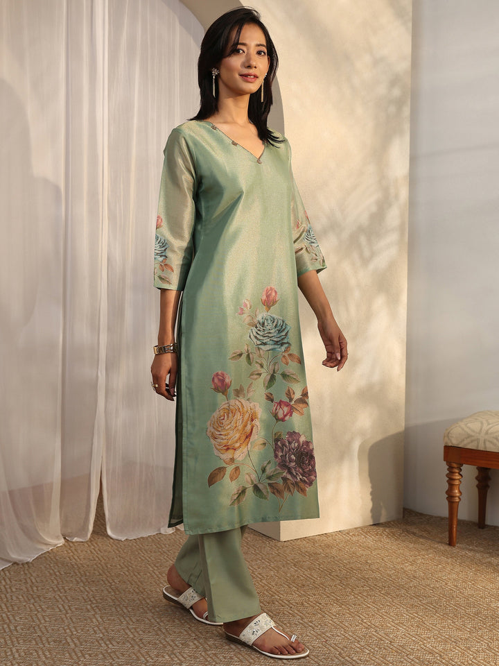 Green Printed Silk Blend Straight Suit Set With Dupatta