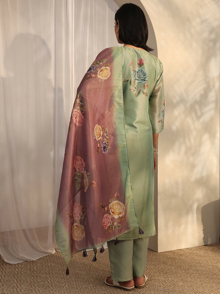 Green Printed Silk Blend Straight Suit Set With Dupatta