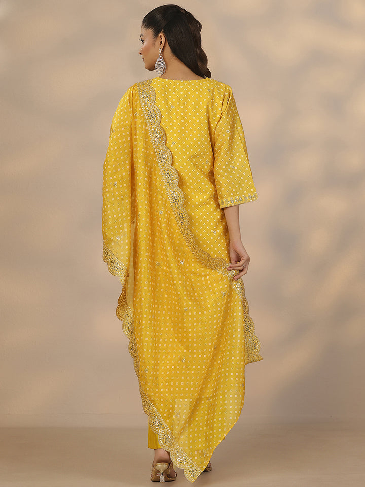 Yellow Printed Silk Blend Straight Suit Set With Dupatta