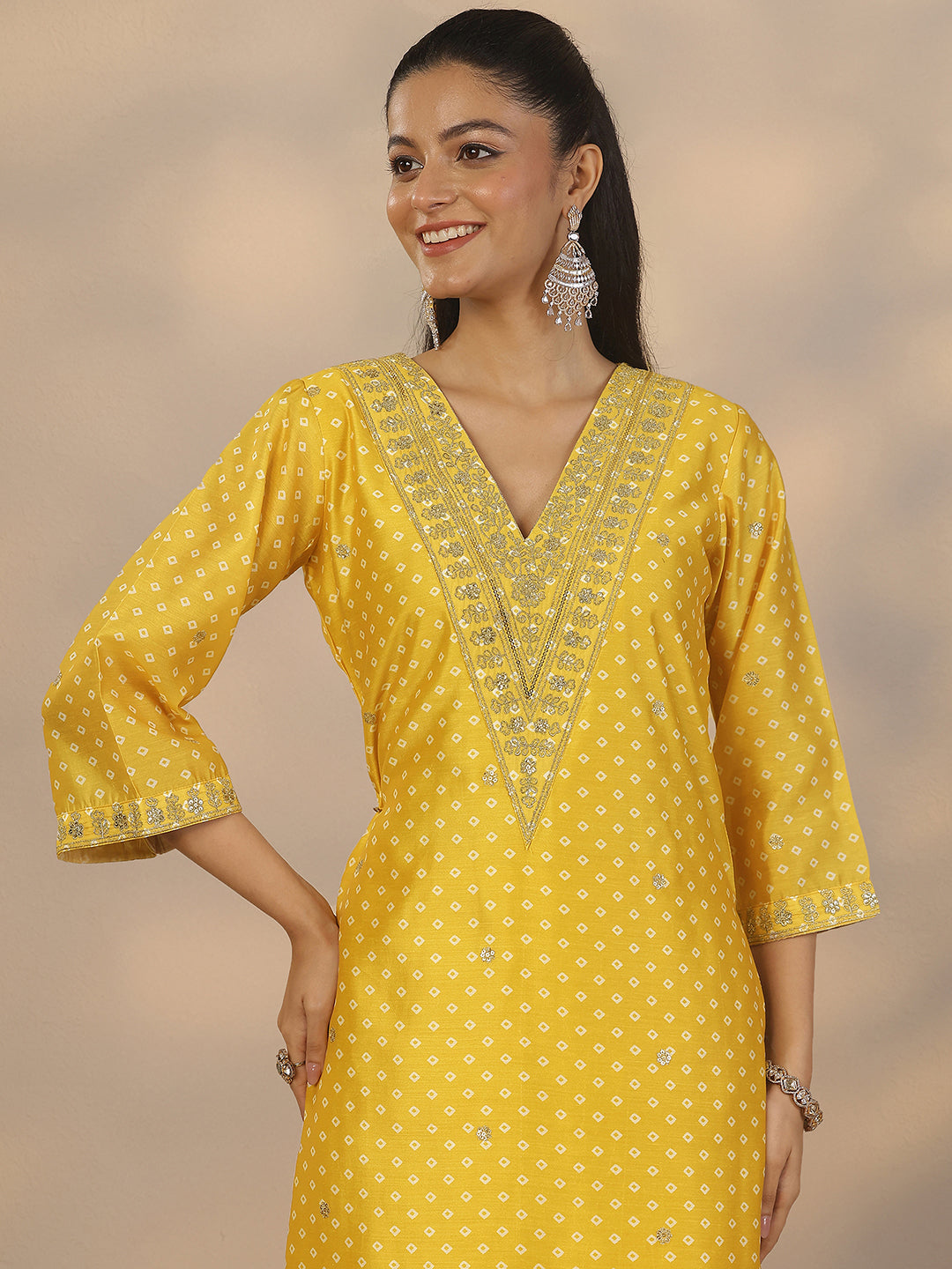 Yellow Printed Silk Blend Straight Suit Set With Dupatta