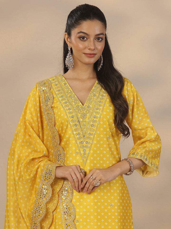 Yellow Printed Silk Blend Straight Suit Set With Dupatta