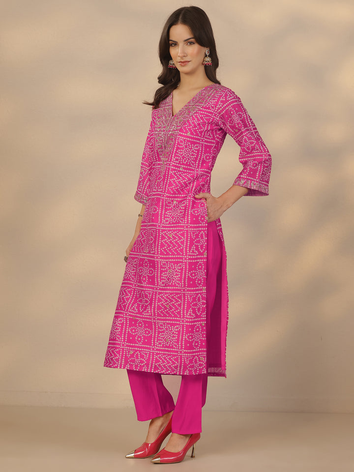 Pink Printed Silk Blend Straight Suit Set With Dupatta
