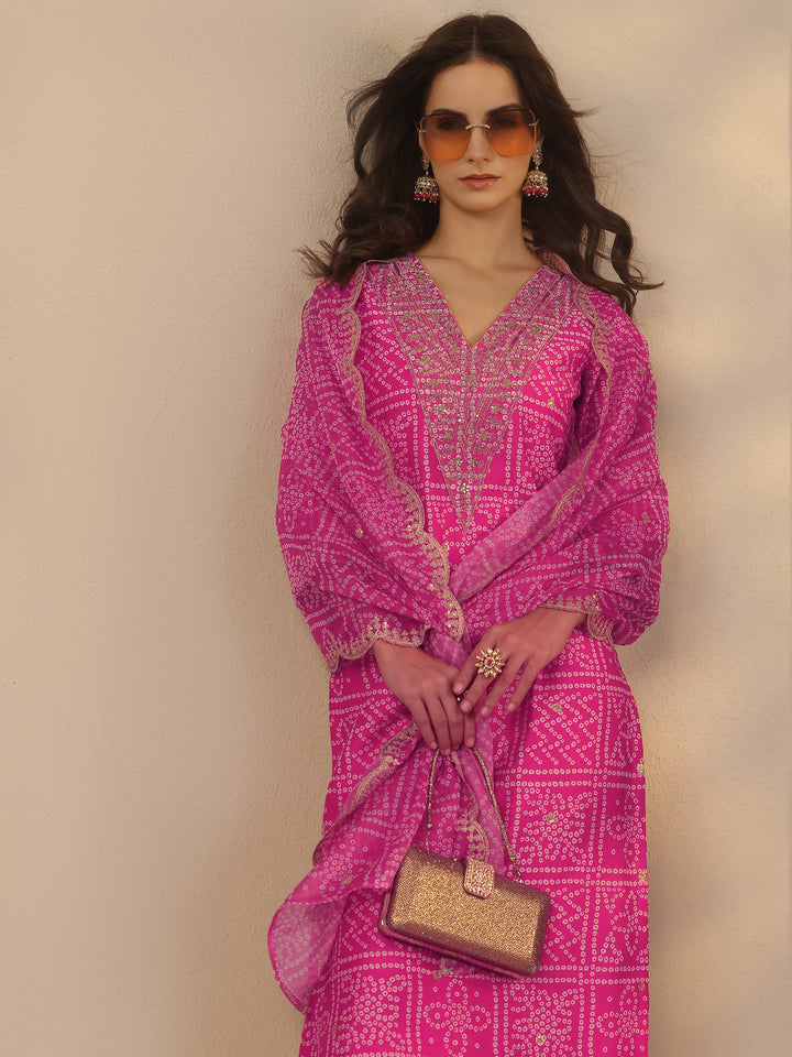 Pink Printed Silk Blend Straight Suit Set With Dupatta