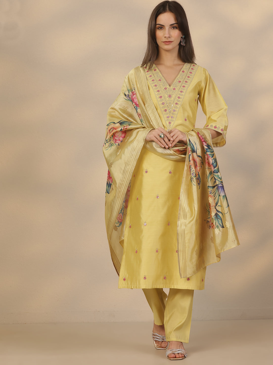 Yellow Embroidered Silk Blend Straight Suit Set With Dupatta