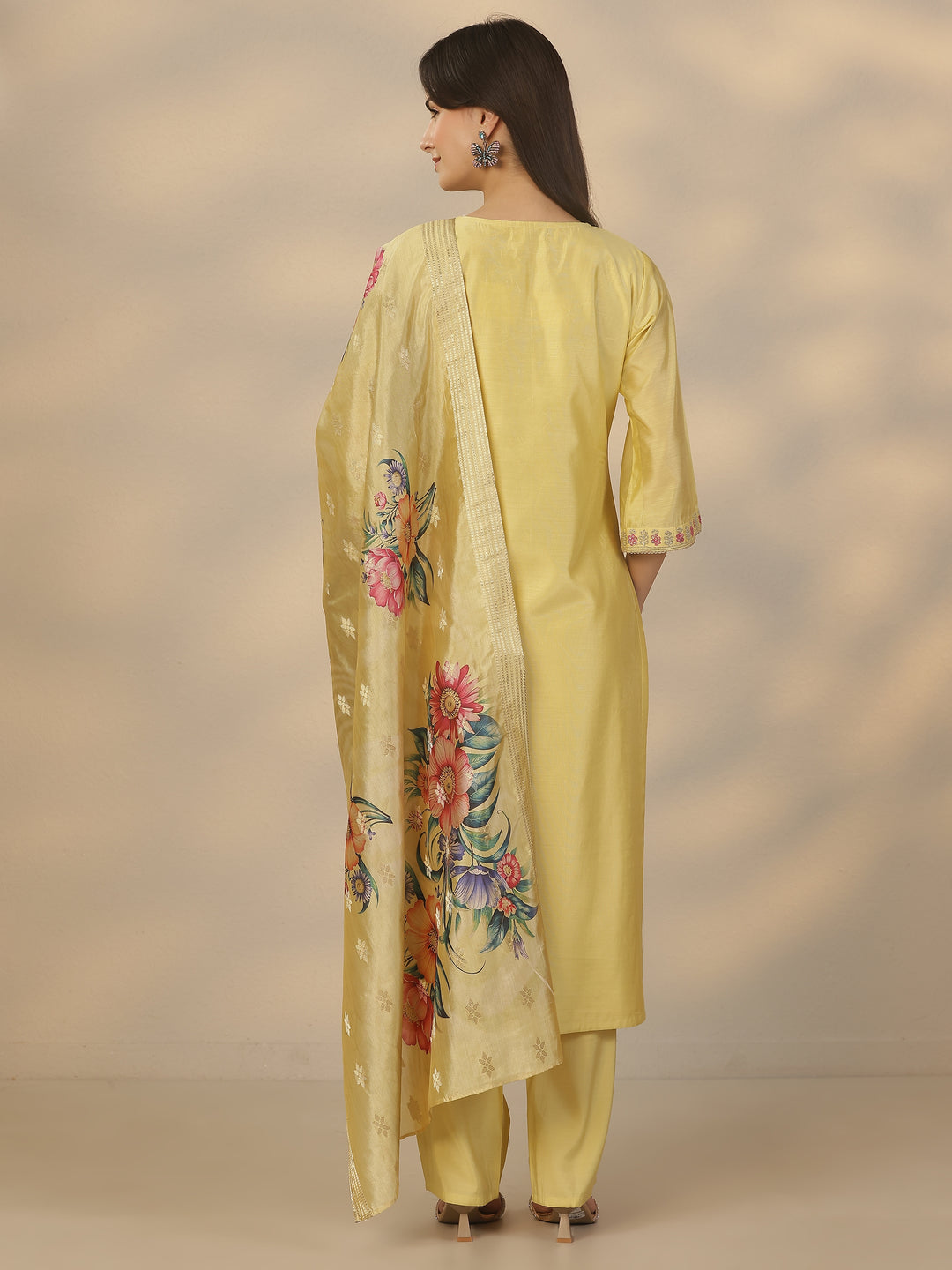Yellow Embroidered Silk Blend Straight Suit Set With Dupatta