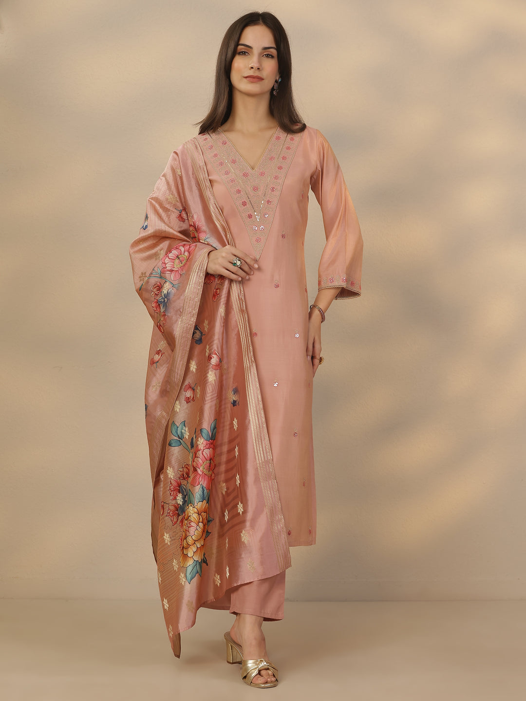 Mauve Embroidered Silk Blend Straight Suit Set With Dupatta