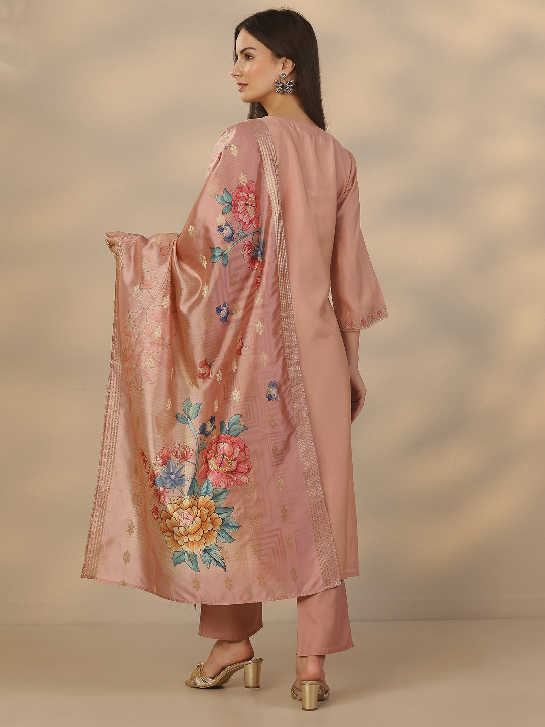 Mauve Embroidered Silk Blend Straight Suit Set With Dupatta