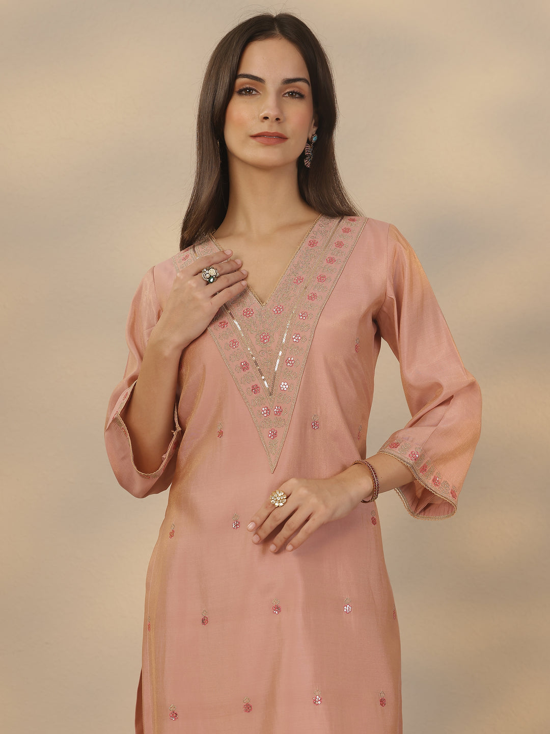 Mauve Embroidered Silk Blend Straight Suit Set With Dupatta