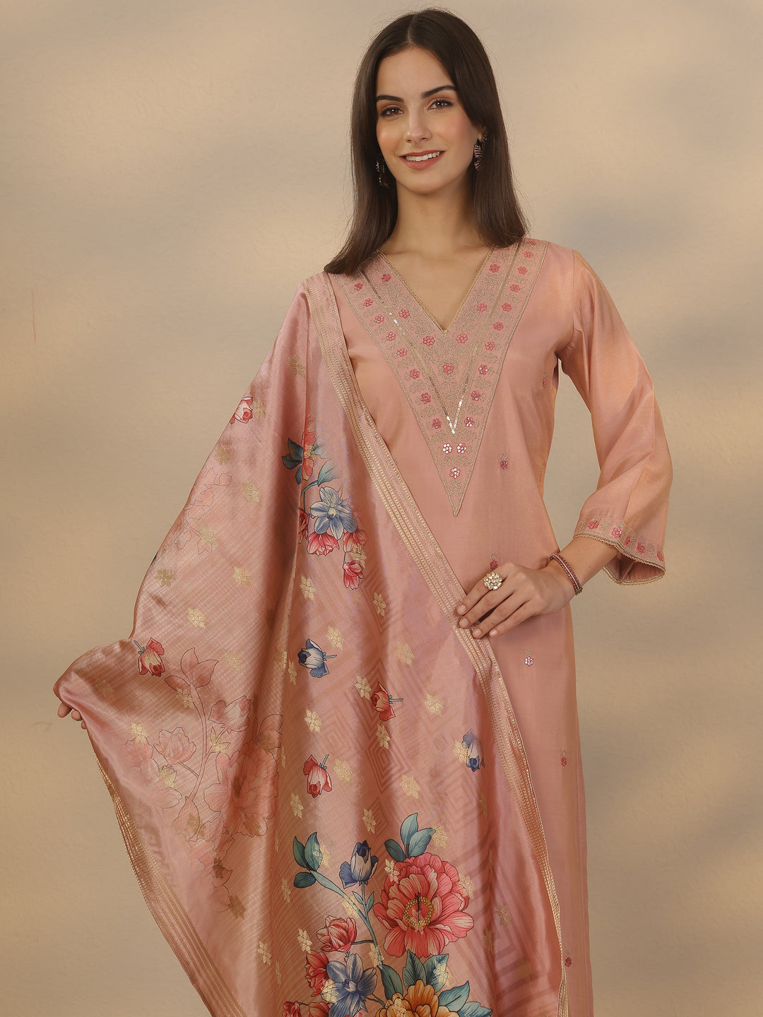 Mauve Embroidered Silk Blend Straight Suit Set With Dupatta