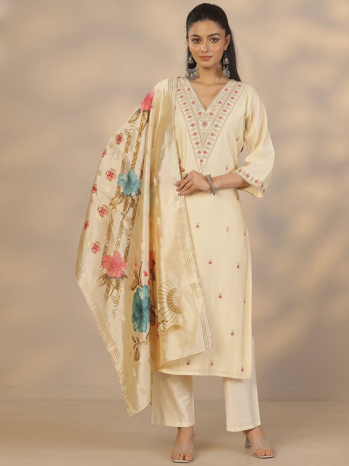 Cream Embroidered Silk Blend Straight Suit Set With Dupatta