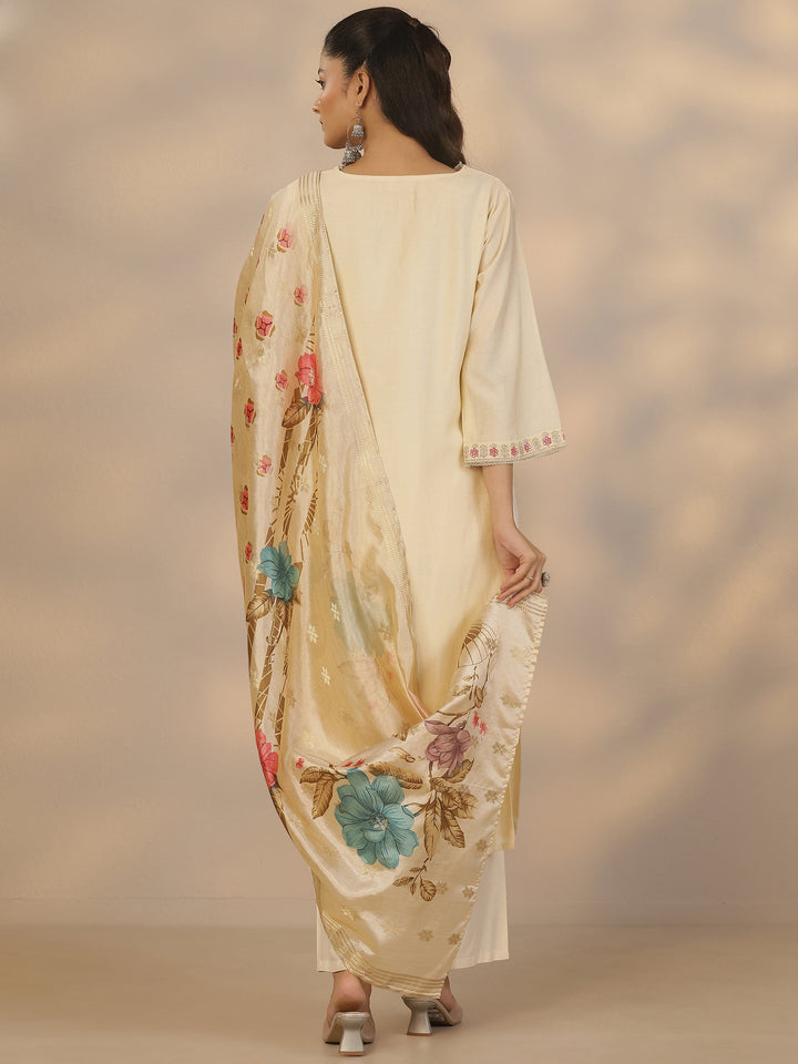 Cream Embroidered Silk Blend Straight Suit Set With Dupatta