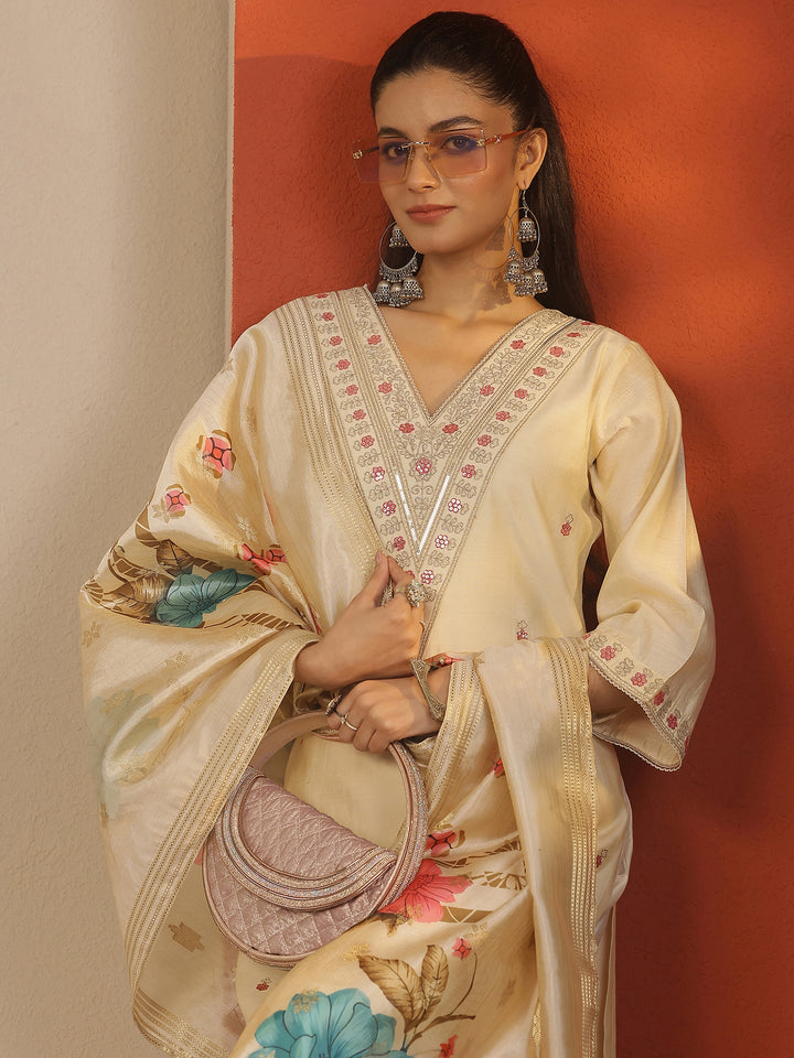 Cream Embroidered Silk Blend Straight Suit Set With Dupatta