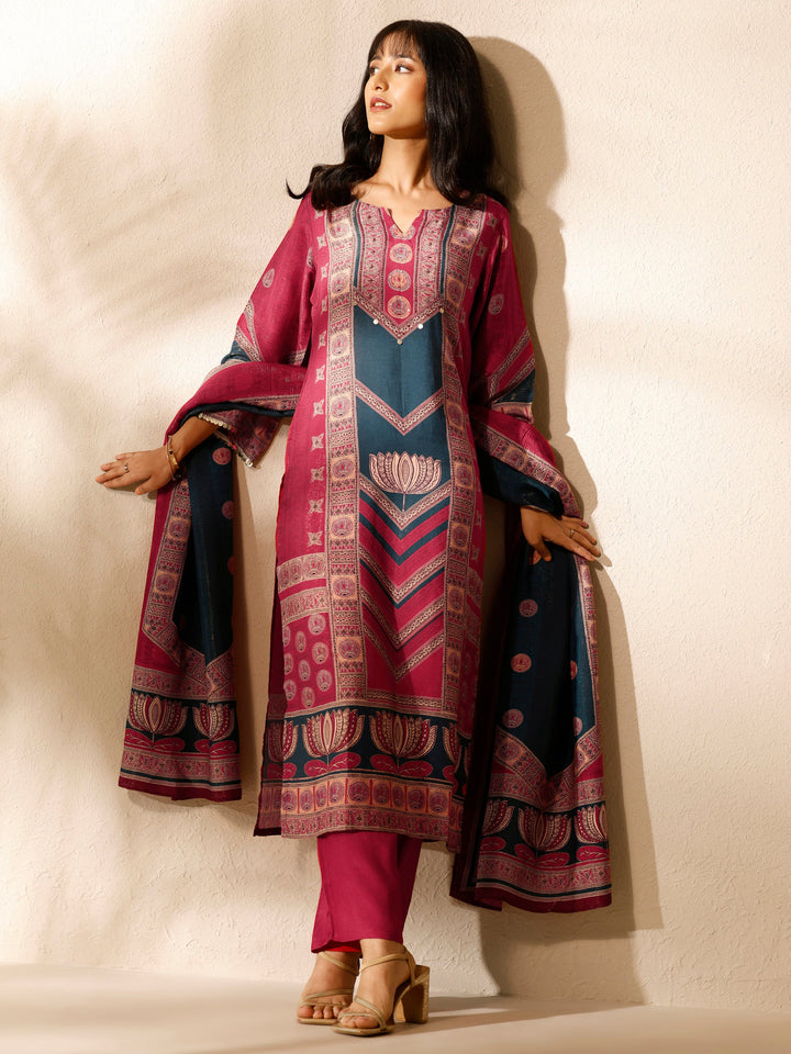 Red Printed Silk blend Straight Suit Set With Dupatta