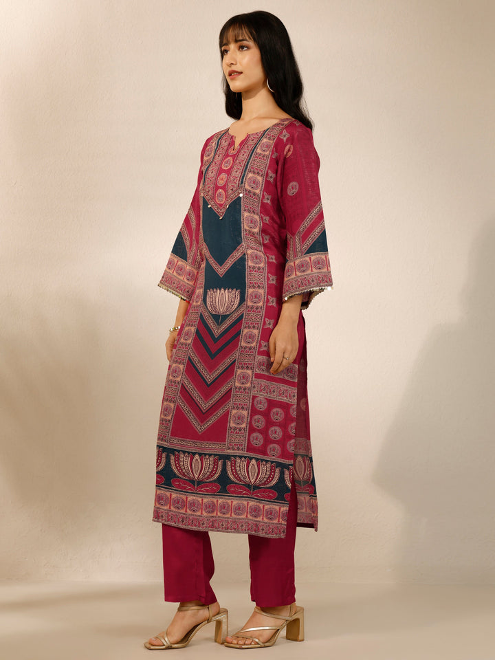 Red Printed Silk blend Straight Suit Set With Dupatta