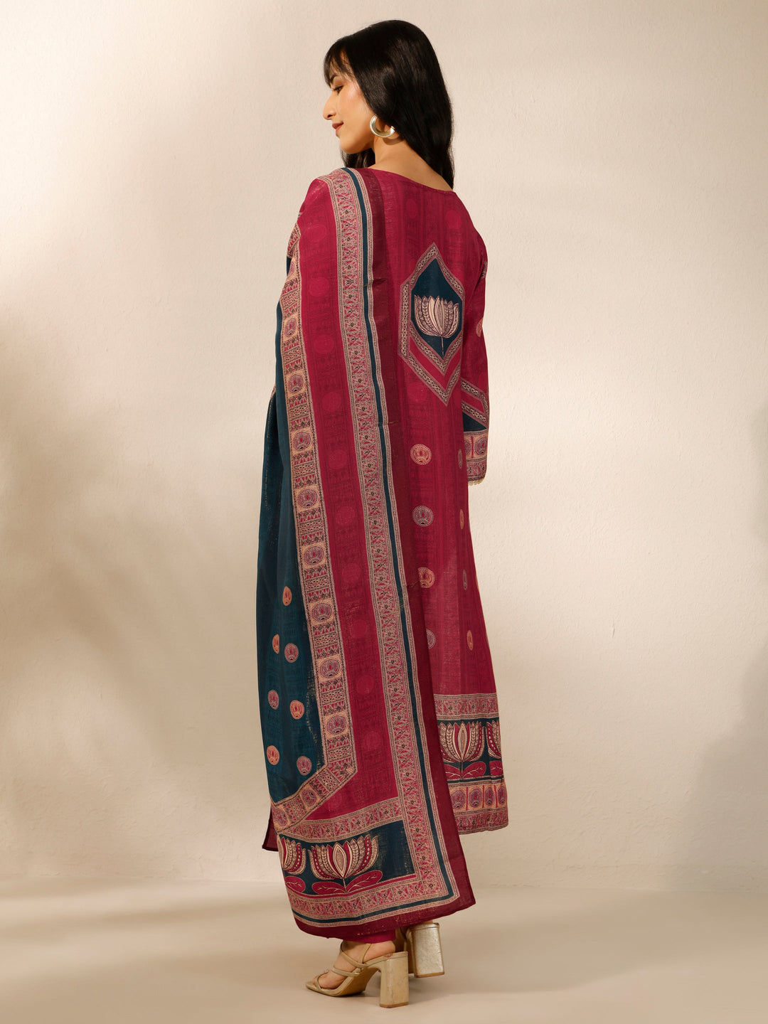 Red Printed Silk blend Straight Suit Set With Dupatta