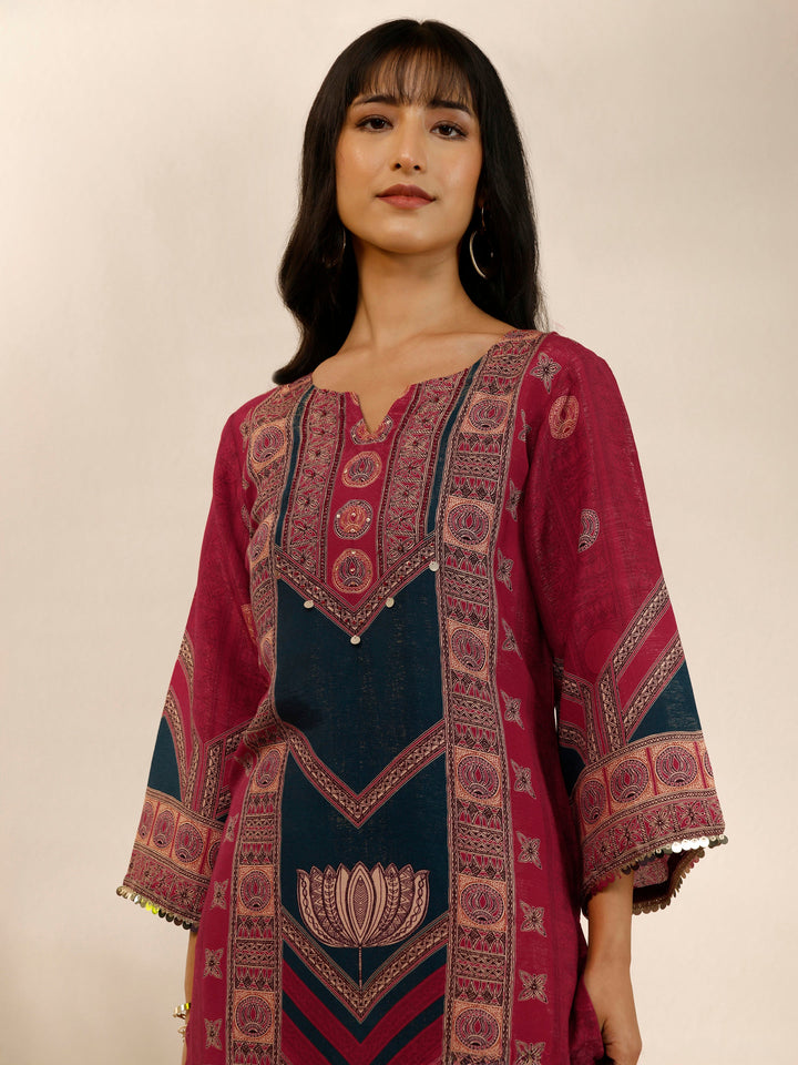 Red Printed Silk blend Straight Suit Set With Dupatta