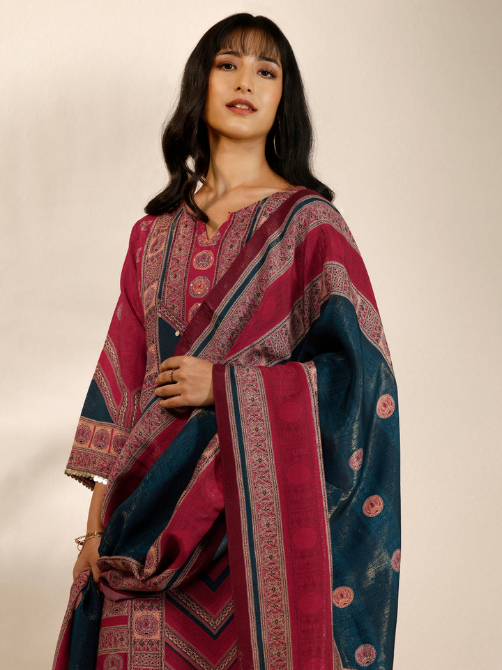 Red Printed Silk blend Straight Suit Set With Dupatta