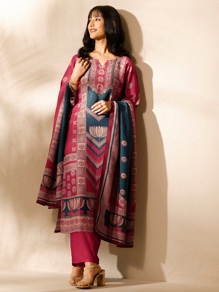 Red Printed Silk blend Straight Suit Set With Dupatta