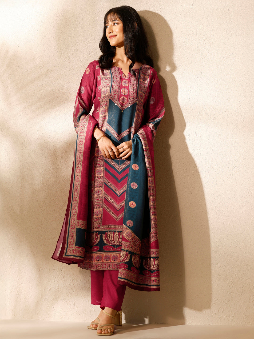 Red Printed Silk blend Straight Suit Set With Dupatta