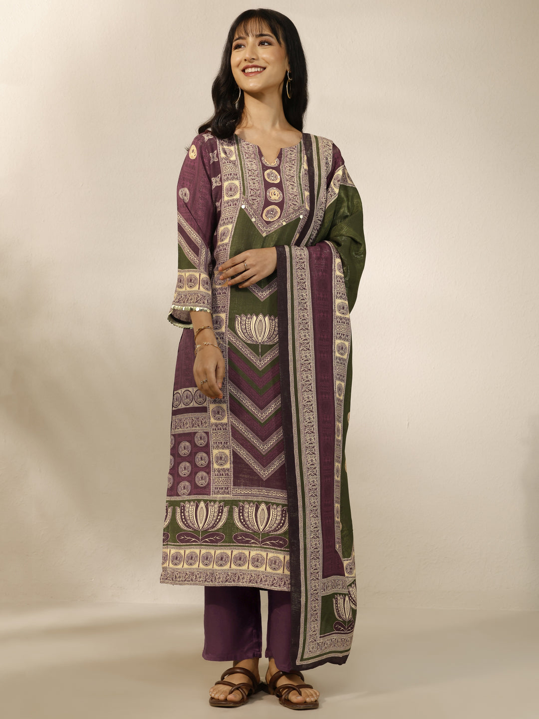Burgundy Printed Silk Blend Straight Suit Set With Dupatta