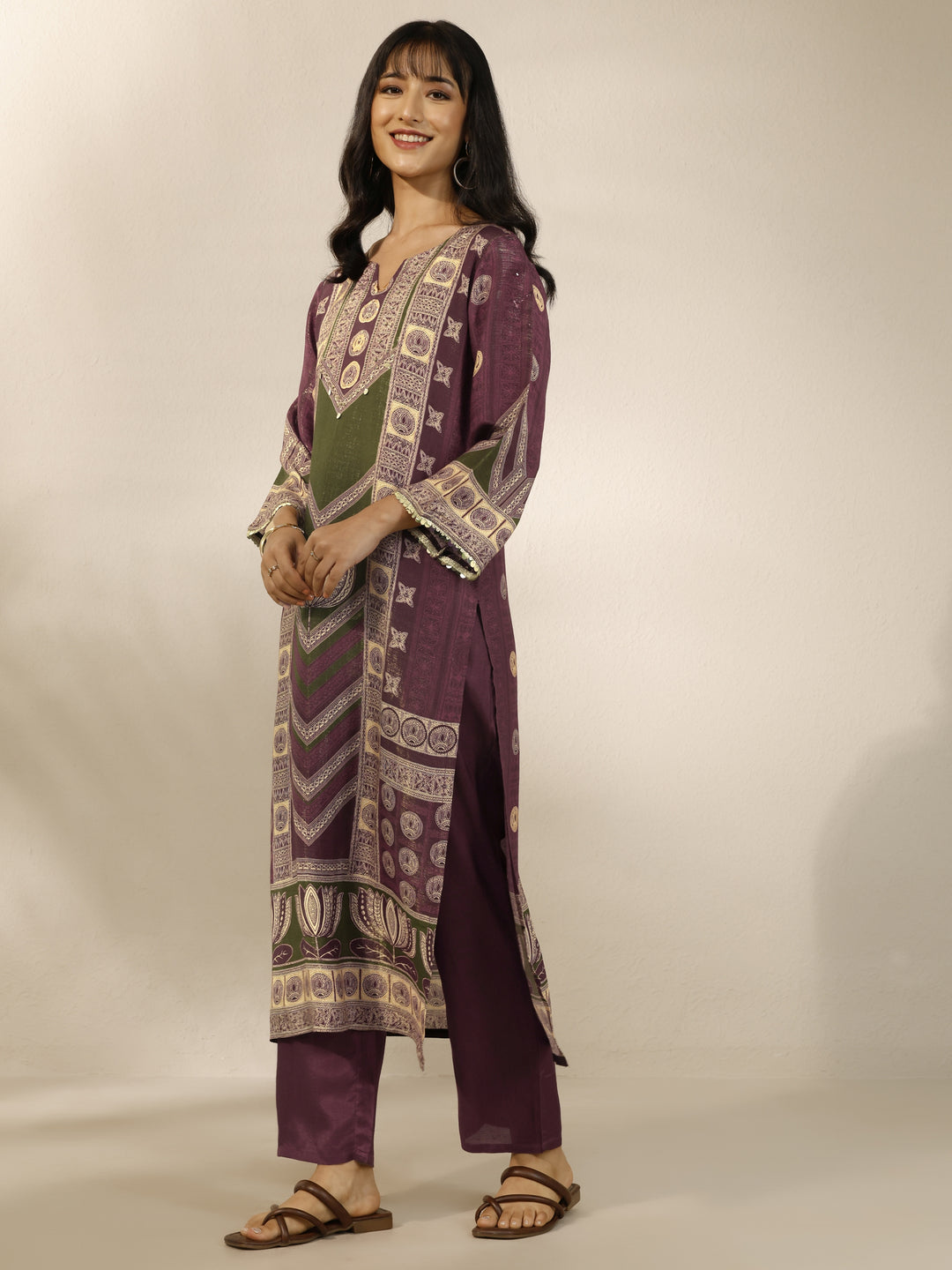 Burgundy Printed Silk Blend Straight Suit Set With Dupatta