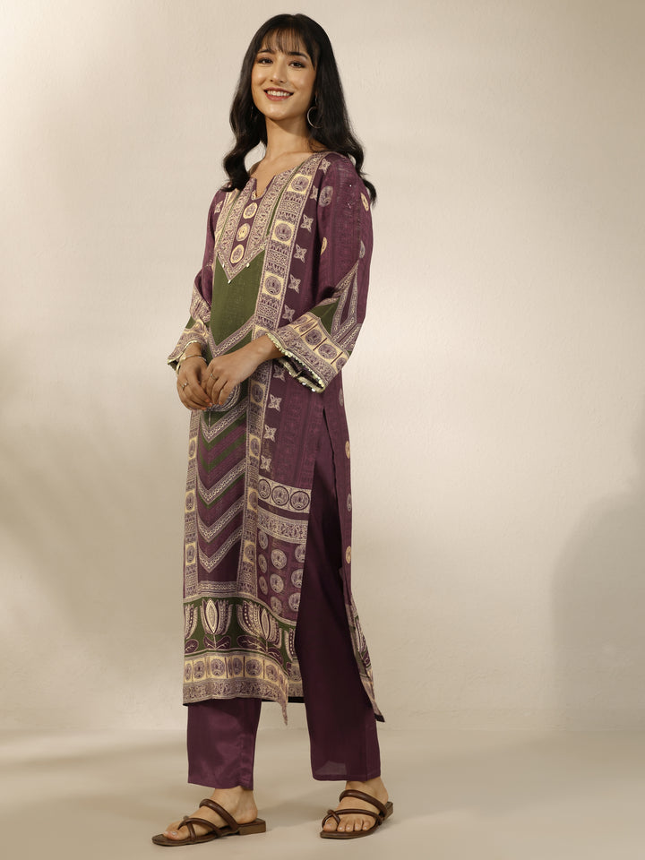 Burgundy Printed Silk Blend Straight Suit Set With Dupatta