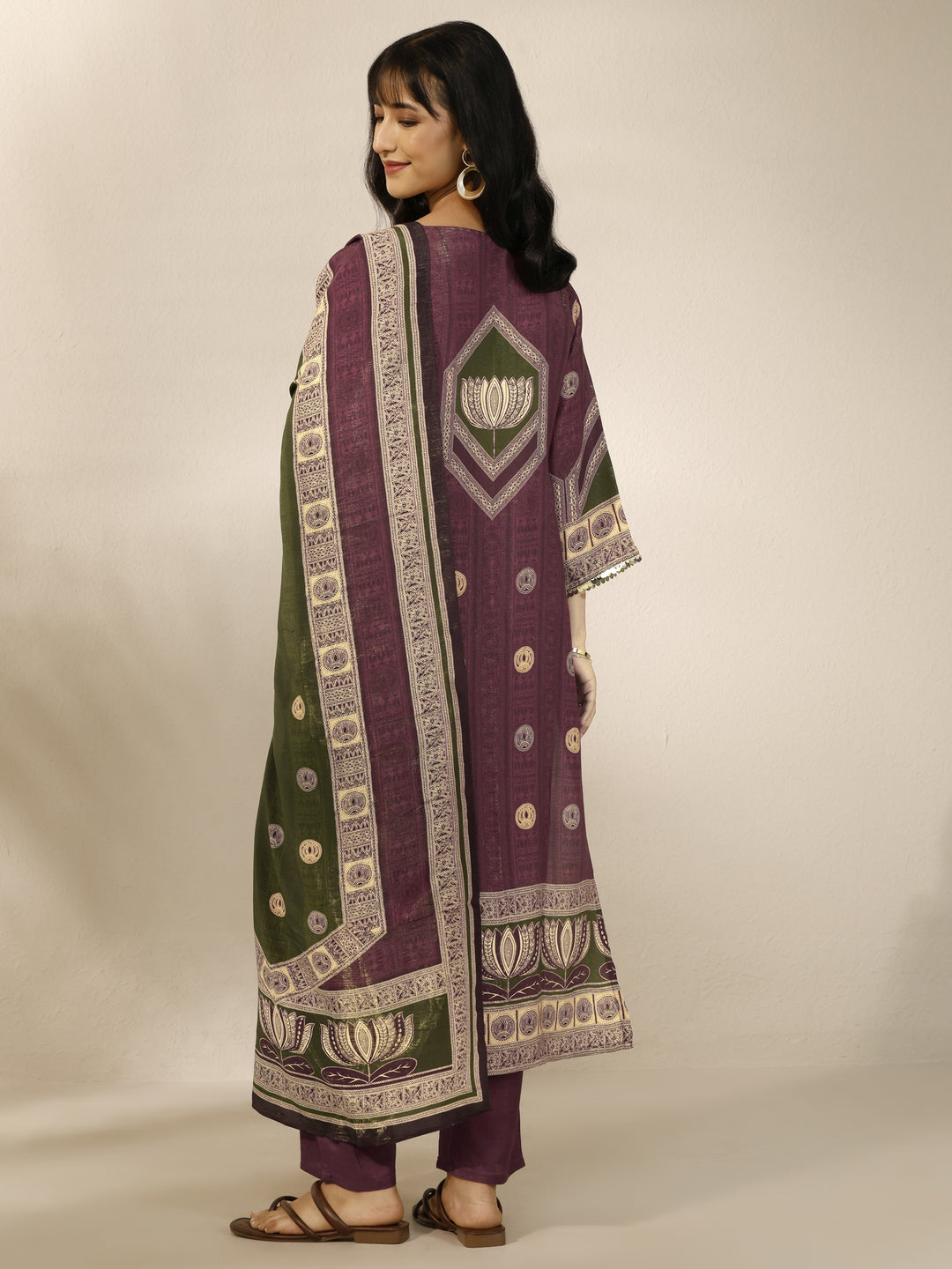 Burgundy Printed Silk Blend Straight Suit Set With Dupatta