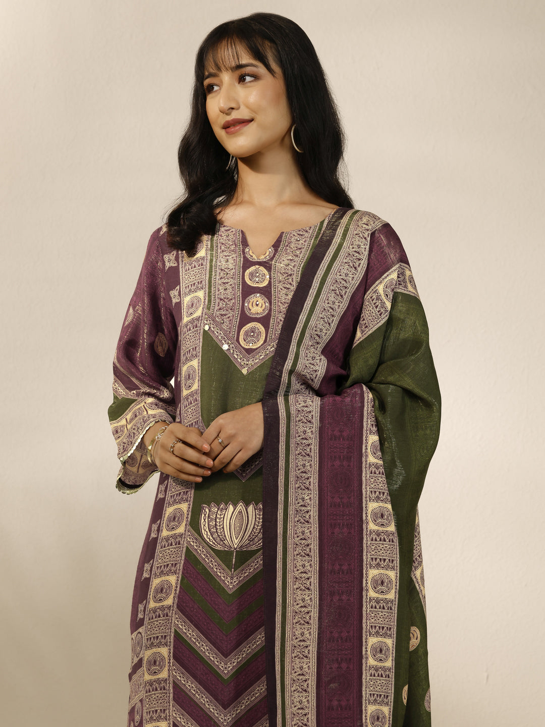 Burgundy Printed Silk Blend Straight Suit Set With Dupatta